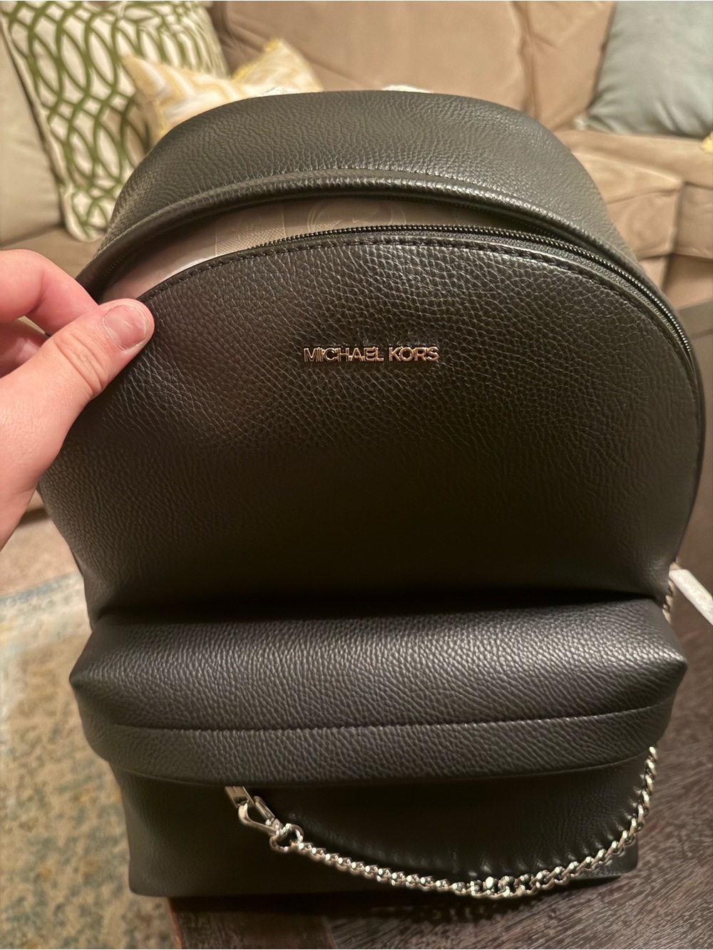 Michael Kors Black Pebbled Leather Backpack with Chain Accent - Picture 7 of 7